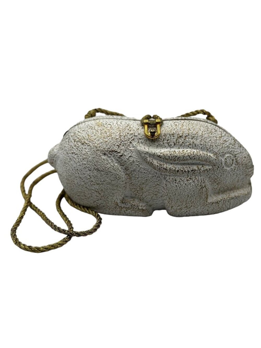 Timmy Woods Handmade Carved Bunny Rabbit Satchel Clutch Purse Bag White Gold